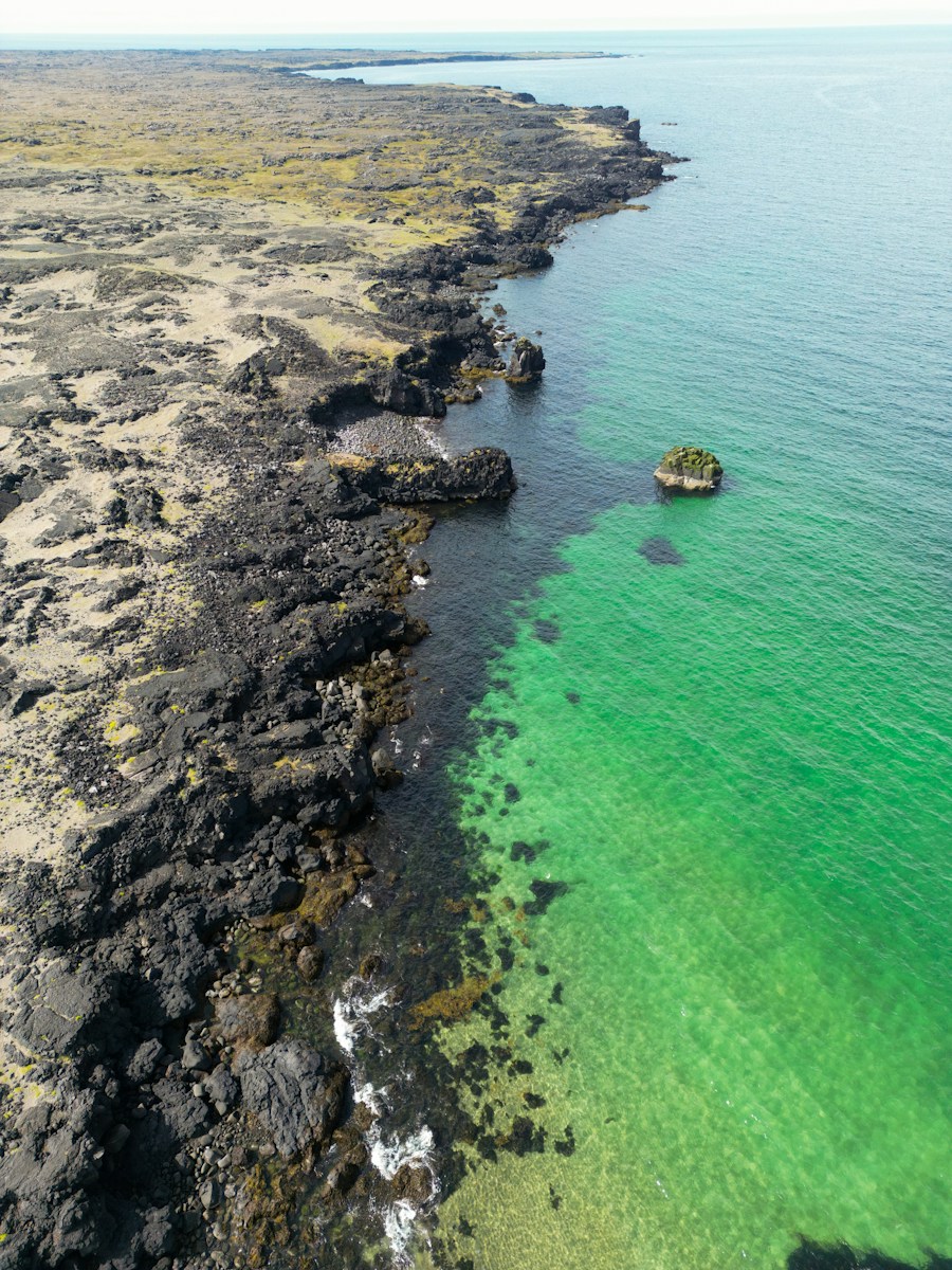 an aerial view of a body of water with a small island in the middle of